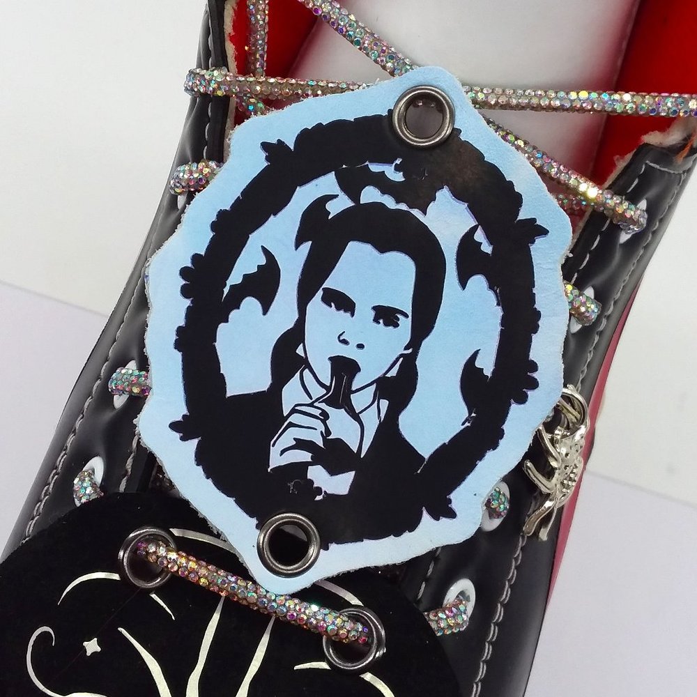 Wednesday Addams   Roller Skates Leather Shoelace patch